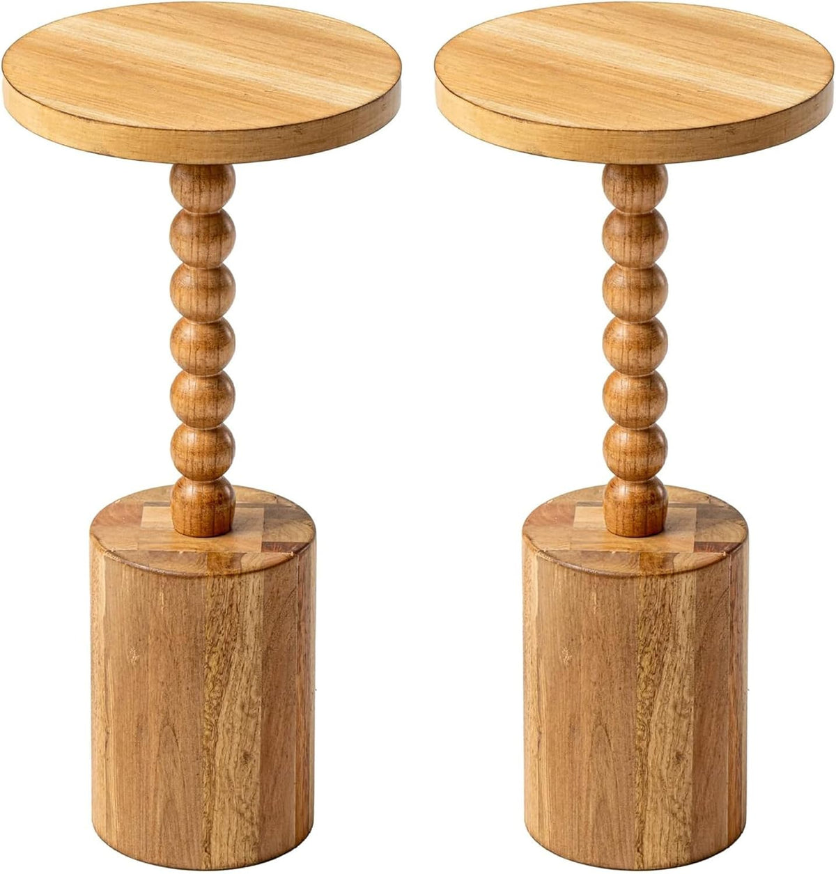 COZAYH Set of 2 Farmhouse Pedestal End Tables, Round Rustic Wood Drink Table with Base Small Space Living Room, Bedroom, Natural Wood Color
