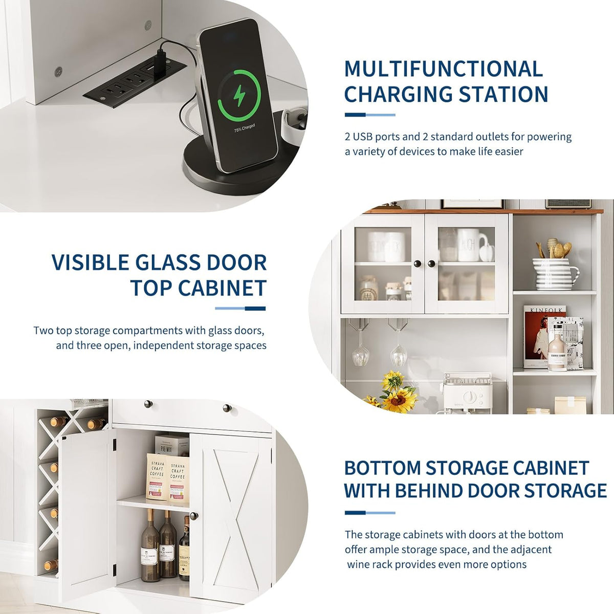 71" Kitchen Pantry Cabinet with Wine Bottle Rack and Charging Station Tall Pantry Storage Cabinet with Adjustable Shelves and Door Shelves Modern Kitchen Hutch with Microwave Stand and Countertop