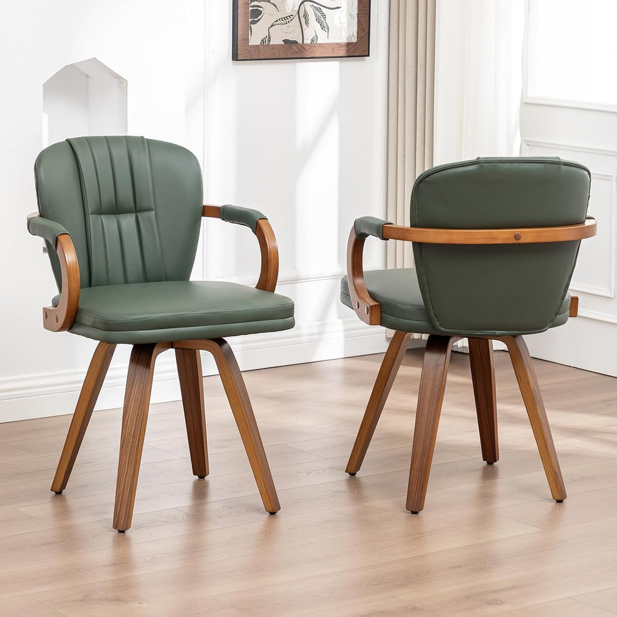 Swivel Dining Chairs Set of 4 Mid Century Modern Green Faux Leather Upholstered Kitchen Chairs with Bentwood Frame Armrests Side Chairs,Comfortable Ergonomic Wood Accent Chair No Wheels