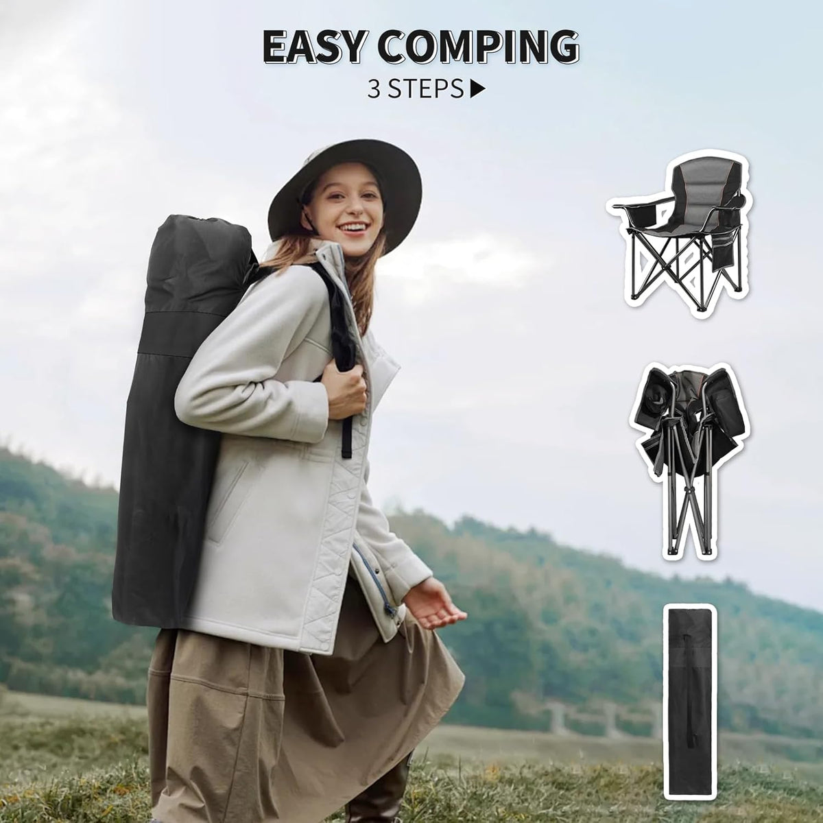2 Pack Padded Oversized Camping Chairs for Adults,Heavy Duty Support 400 Lbs,Folding Portable Lawn Chair w/Cup Holder,Cooler Bag,Side Pocket,Perfect for Outdoor Picnic,Hiking(Black)