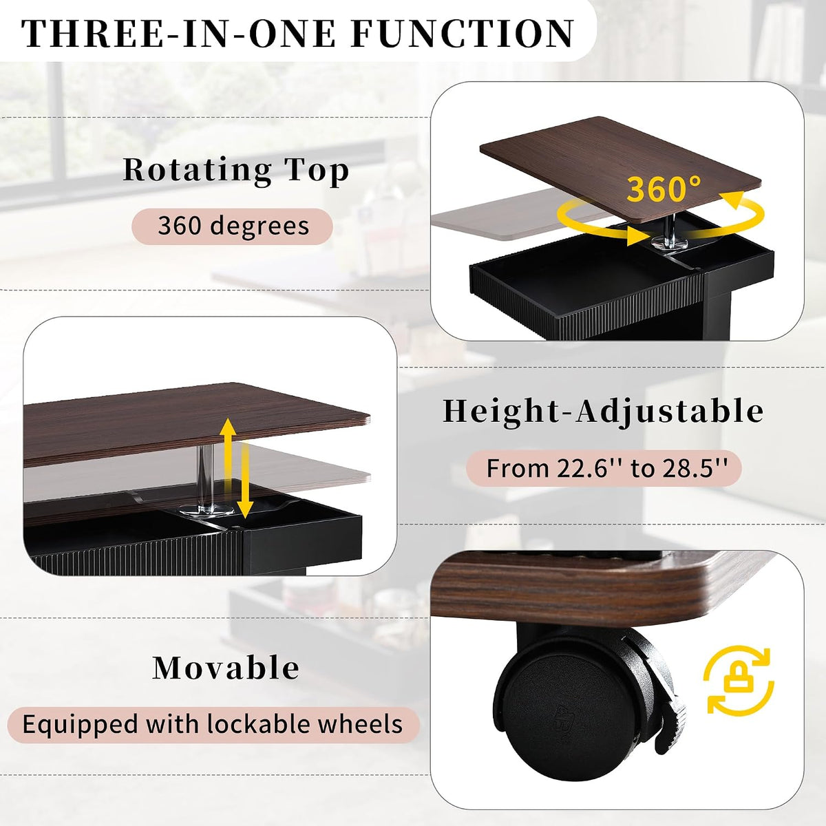Modern Adjustable End Table with Wheels, 360° Rotating and Adjustable Lift-Top Design, Multifunctional Sofa Side Table with Storage Space for Living Room, Small Space (Black+Brown/508)