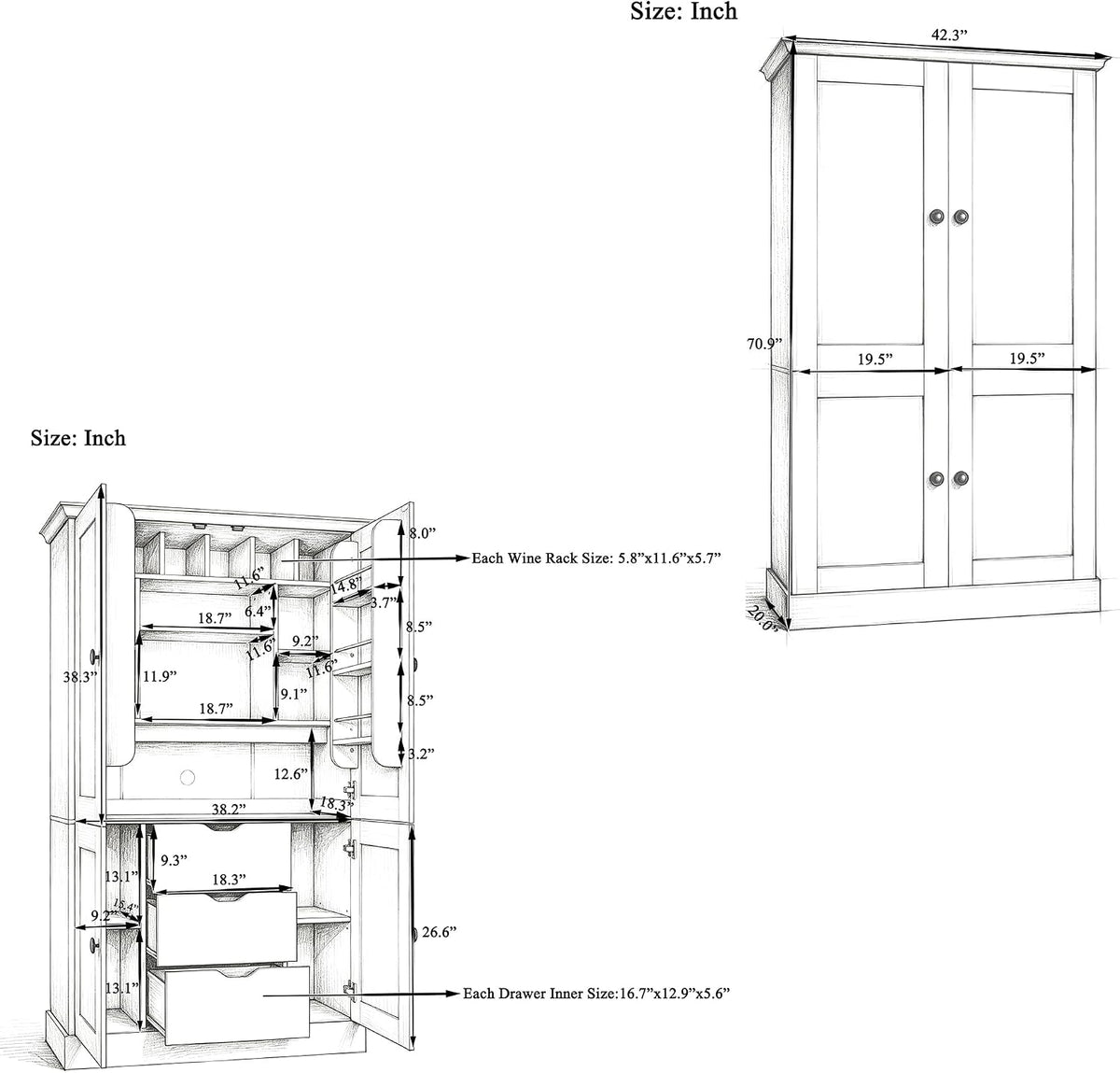 Virubi 42.3x20.0x70.9 inch Freestanding Kitchen Pantry Cabinet, Tall Storage Workstation with 4 Doors, 3 Drawers, 6 Door Shelves, Removable Shelves & 6 Wine Racks for Dining (Grey)