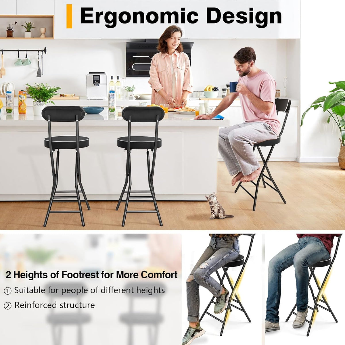 Folding Stool with Back Support, 24 Inch Portable Collapsible Bar Stool | with Padded Seat, Cushioned Foldable Chair for Kitchen, Camping, Adults & Indoor Outdoor Use