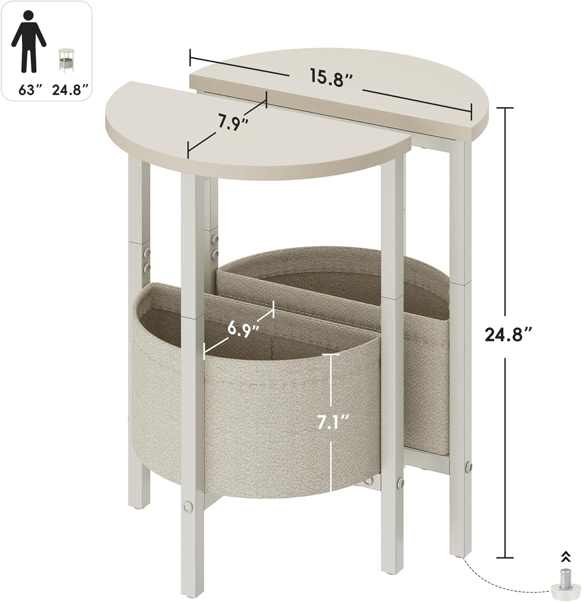 Vagusicc Small Round Side Table End Table, Tall Accent Table with Storage Basket, Set of 2 Half Round Tables Half Moon Tables, Coffee Bedside Tables, Modern Nightstand for Living Room Bedroom, Cream