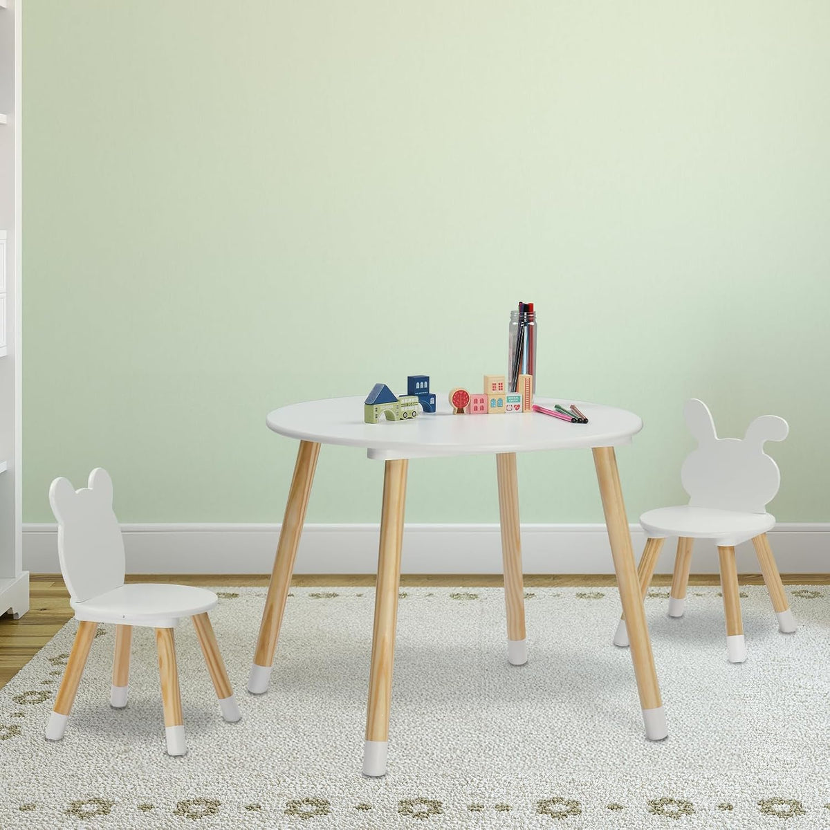 3-Piece Kids Table Chair Set White Round Play Furniture | Kids Activity Table and 2 Chairs Set, 3-Piece Folding Play Table Set, Pastel Multicolor for Home Daycare Playroom, White
