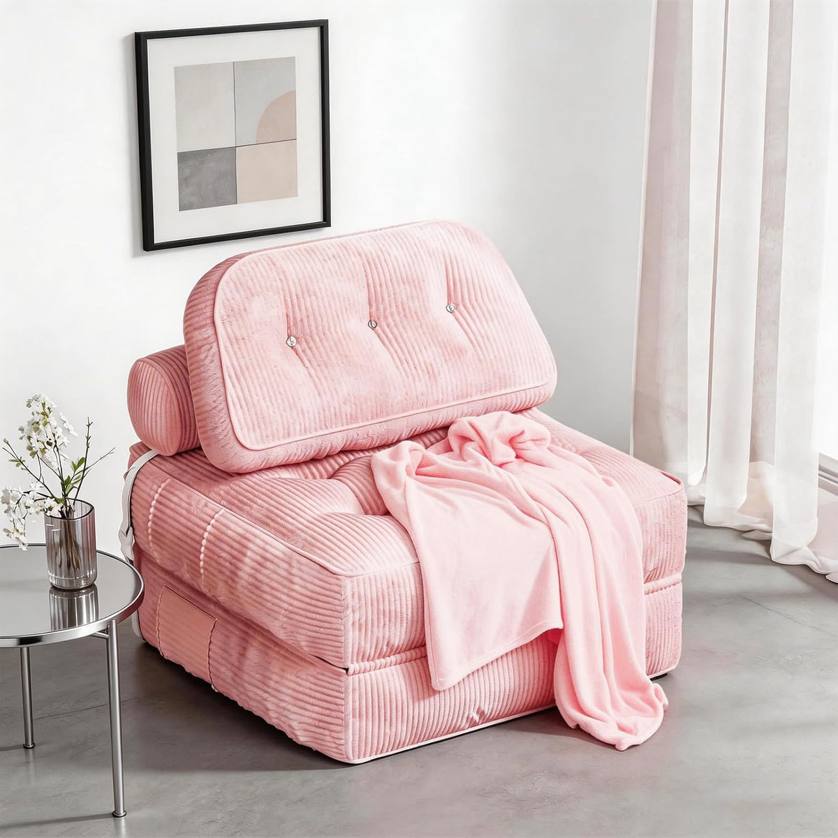 Folding Sofa Bed, Flannel Futon Couch Bed with Pillow and Blanket, Convertible Sleeper Chair for Living Room Bedroom, Pink