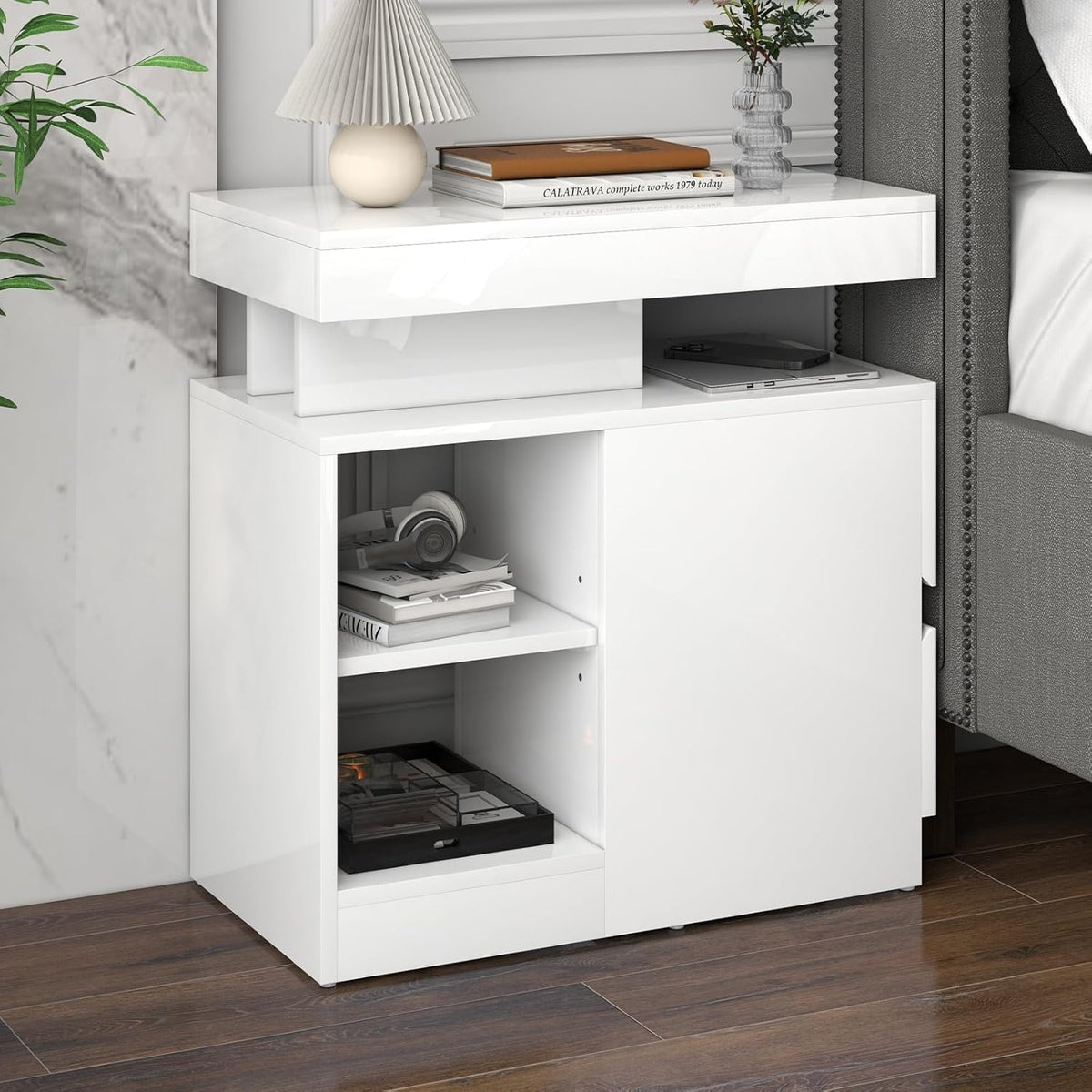 OC Orange-Casual LED End Table with Power Outlet, High Glossy Sofa Side Table, Small Nightstand with Drawer and Storage Cabinet, Narrow Side Table with Charging Station for Living Room (1,White)