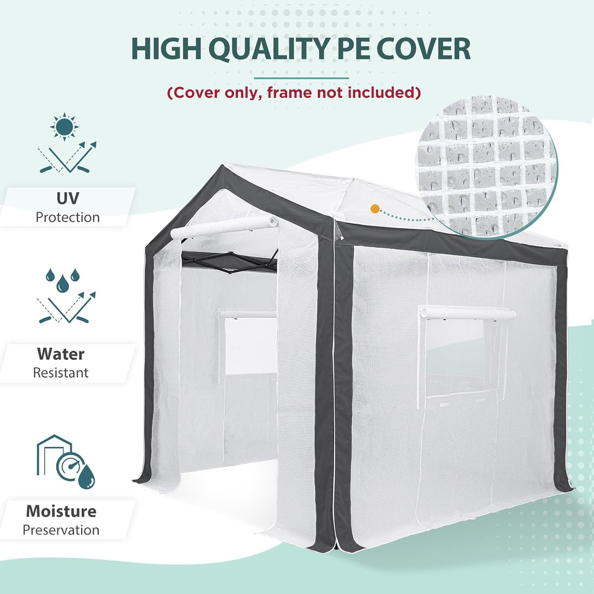 EAGLE PEAK Replacement Cover for 8x6 Portable Pop up Greenhouse with Polyester Reinforced Corners, Front Roll-Up Zipper Entry Door and 3 Large Roll-Up Side Windows (Frame Not Included), Gray/White