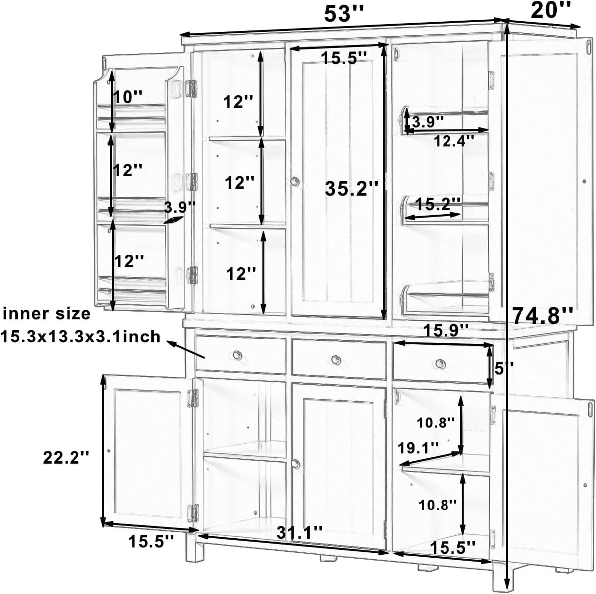 Pantry Storage Cabinet with Door Shelves and Drawers, Freestanding Tall Cupboard with Adjustable Shelves and Pull-Out Trays (Gray)