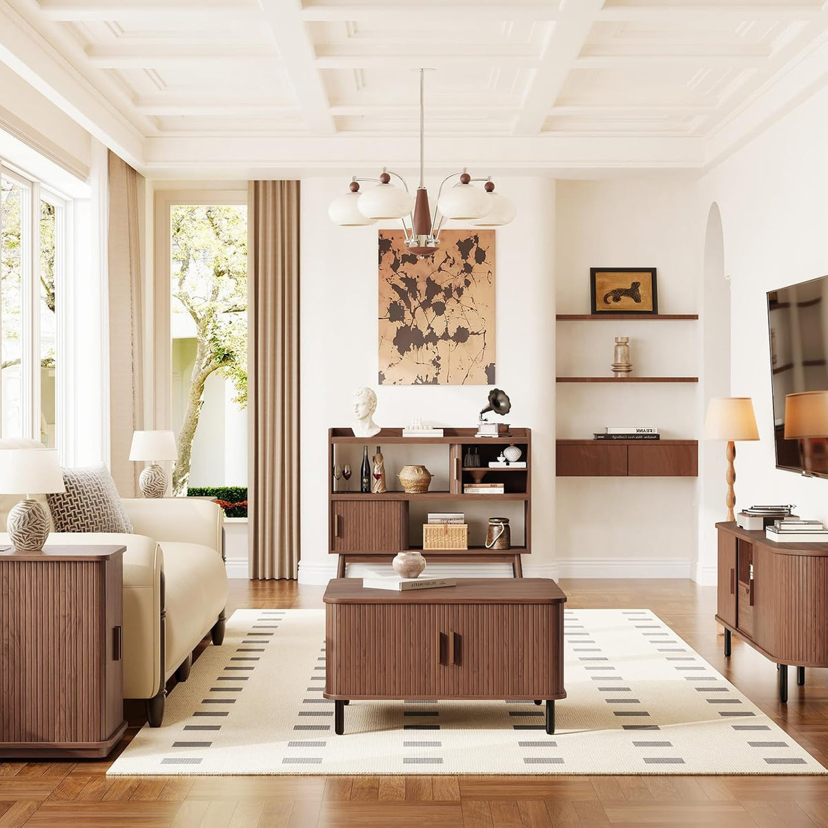 ONBRILL 44" Sideboard Buffet Cabinet with Outlet & 2 Open Storage Spaces, Fluted Sideboard Cabinet with Sliding Door & Adjustable Shelves, Mid-Century Accent Coffee Bar Console Table with Wooden Feet