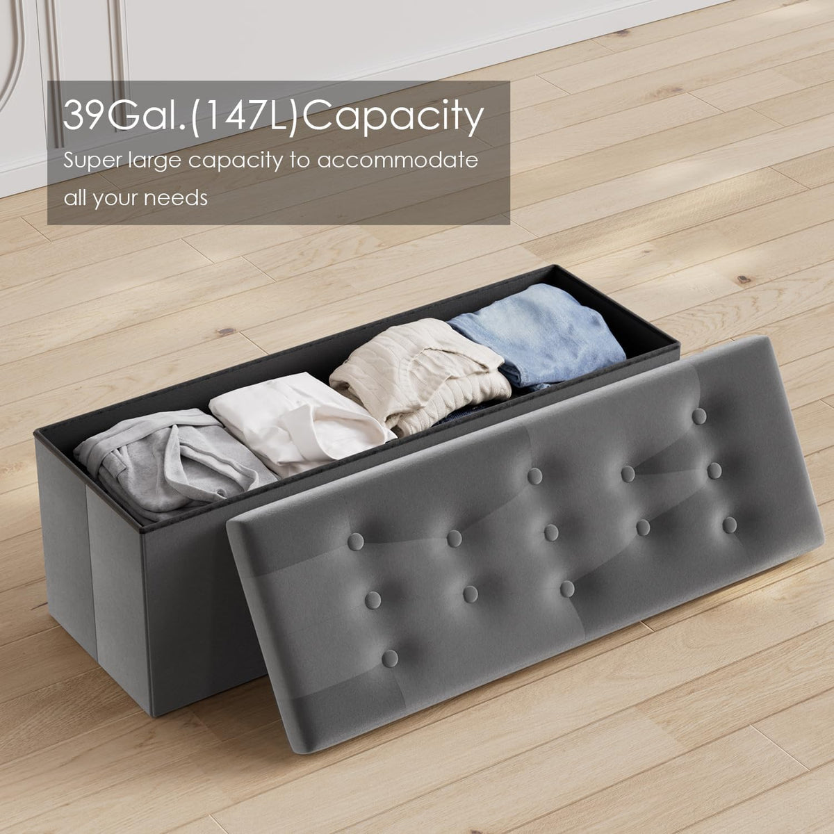 PRANDOM Jumbo Ottoman with Storage [1-Pack] Velvet Folding Small Square Foot Stool with Lid for Living Room Bedroom Coffee Table Dorm Dark Grey 43x15x15 inches