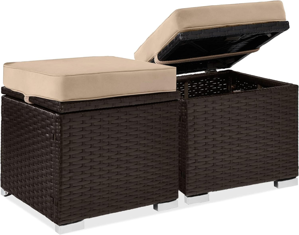 Best Choice Products Set of 2 Wicker Ottomans, Multipurpose Outdoor Furniture for Patio, Backyard, Additional Seating, Footrest, Side Table w/Storage, Removable Cushions - Brown/Beige