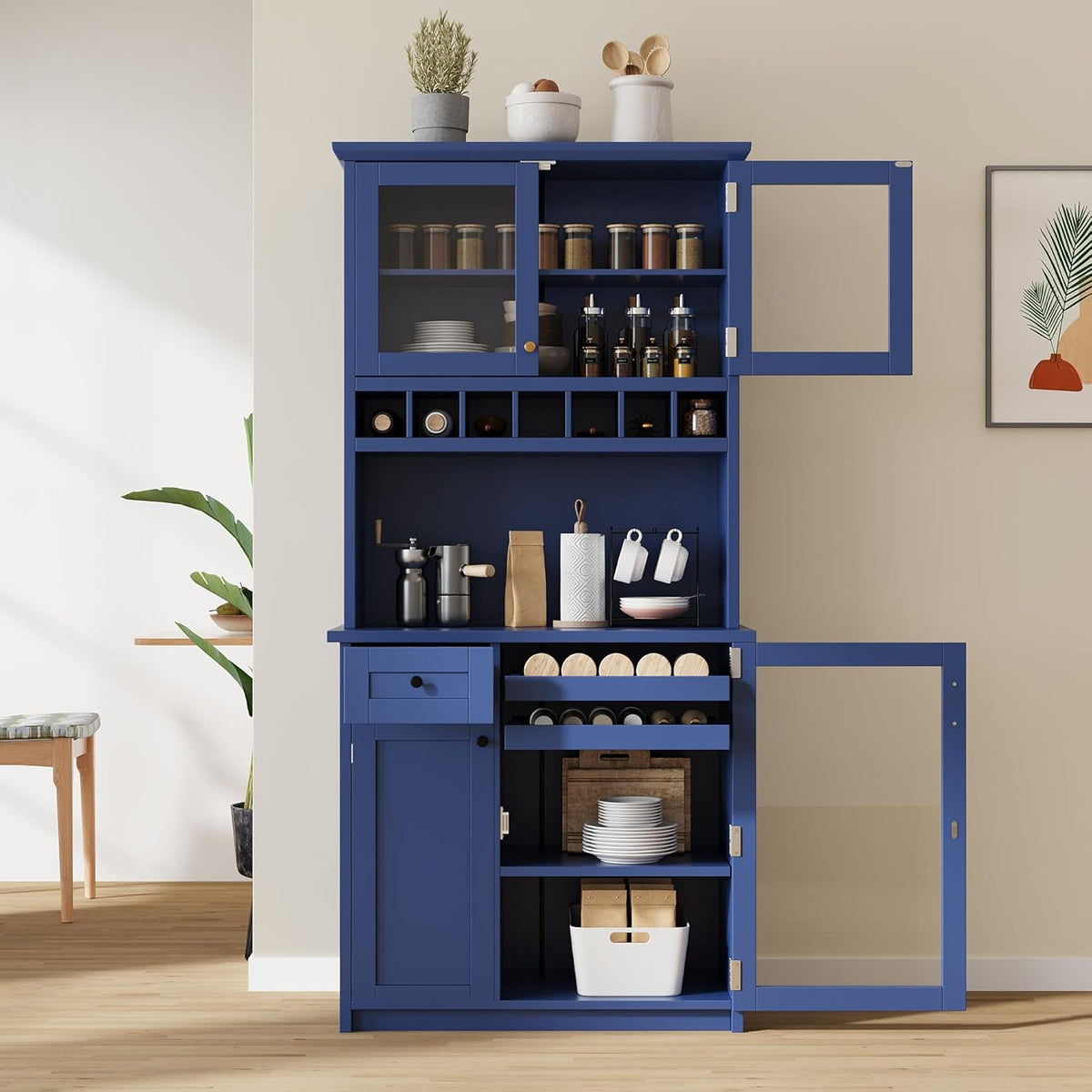 Farmhouse 35.4x17.7x74.8inch Freestanding Kitchen Pantry Cabinet with Hutch, Buffet with Wine Rack, Adjustable Shelves & Tempered Glass Doors, Tall Kitchen Storage Cabinet for Dining Room (Blue Color)