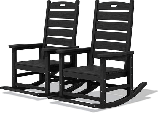 SERWALL Outdoor Rocking Chair Set of 2, Oversized HDPE Rocker, Black | Heavy Duty Front Porch Rocker with Footrest, all Weather Porch Rocker for Deck Patio Balcony, 350lbs Weight Capacity