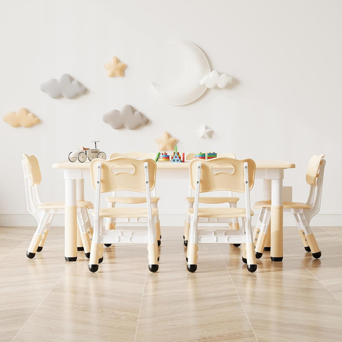 Toddler Table and Chair Set, Height Adjustable Kids Table and 6Chairs, Toddler Activity Table with Storage Boxes,Wipeable Graffiti Wood Grain Desktop,12Water Pens Included for Classroom, Natural Wood