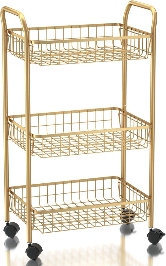 3 Tier Rolling Utility Cart, Storage Trolley Service Cart with Wheels Easy Assembly for Kitchen, Living Room, Office, Salon, Gold | Storage Trolley Service Cart with Lockable Wheels, Easy Assembly for Kitchen, Living Room, Office, Salon, Dorm