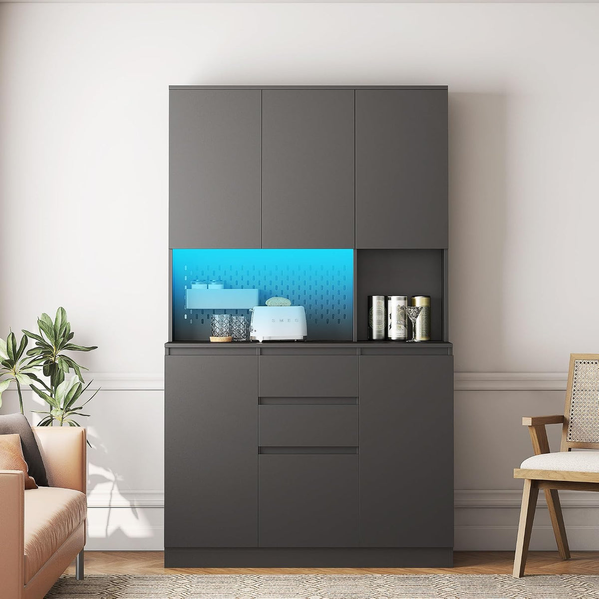 roomfitters 74" Kitchen Pantry Cabinet with Charging Station & USB Ports, Large Food Storage Cupboard, Microwave Stand, Black