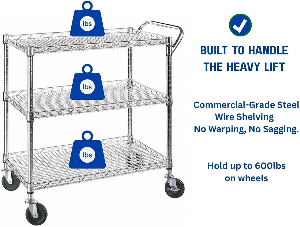 Heavy Duty 3 Tier Rolling Utility Kitchen Cart on Wheels,Large 45"L x 17 1/2"D x 45"H Metal Serving Cart Commercial Grade with Wire Shelving and Handle Bar for Office School Church Kitchen Hardware