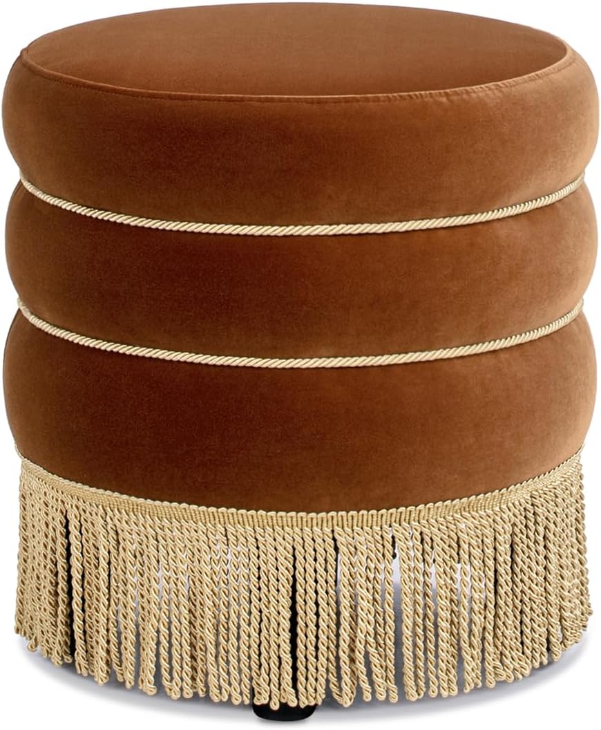 Jennifer Taylor Home Edward 17.5" Round Upholstered Ottoman with Bullion Fringe in Burnt Orange Performance Velvet