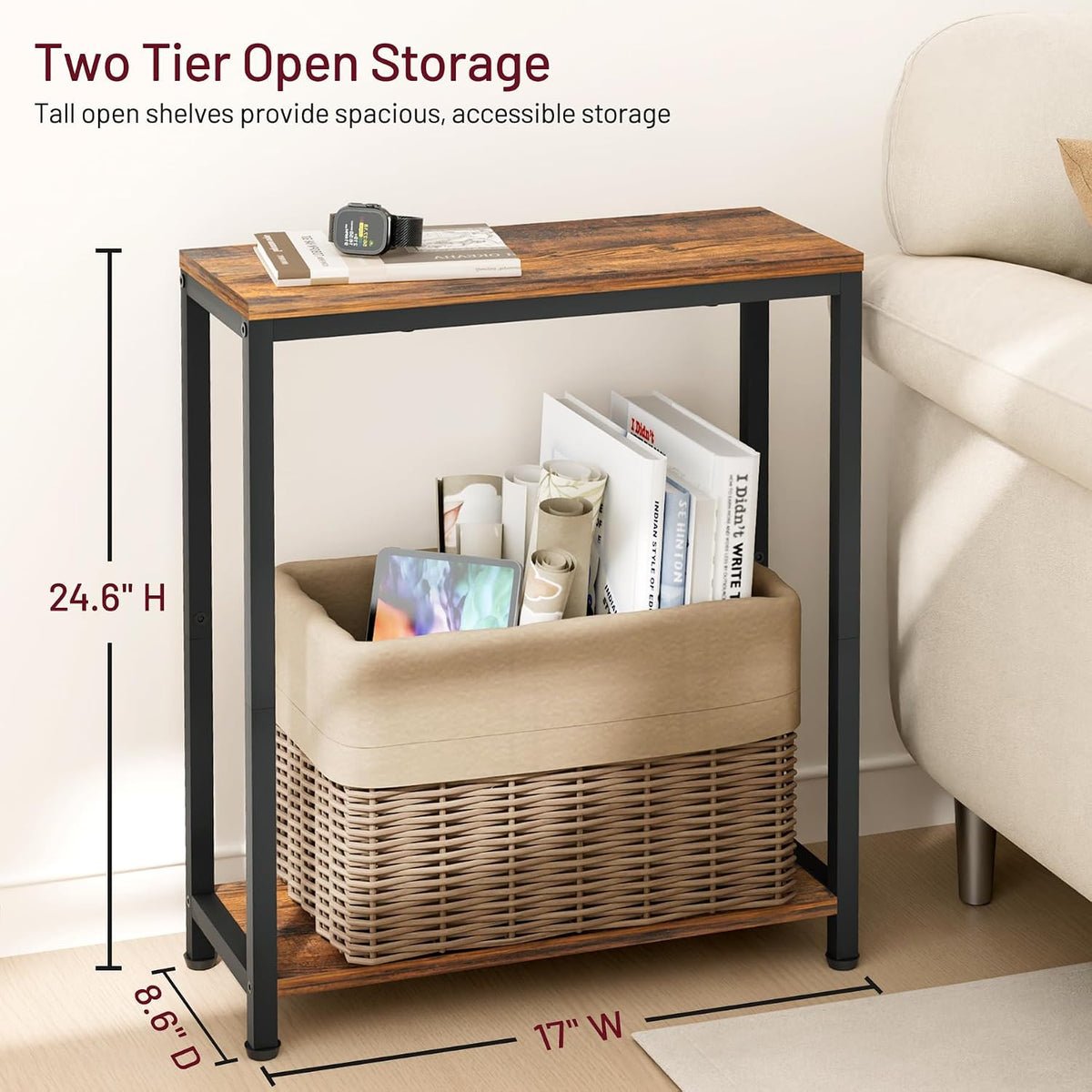 SLEEPING LAMB Narrow End Tables Living Room Set of 2 Small Side Table for Small Space, 2 Tier Slim Skinny Night Stand for Bedroom, Couch Beside Nightstands, Rustic Brown and Classic Black