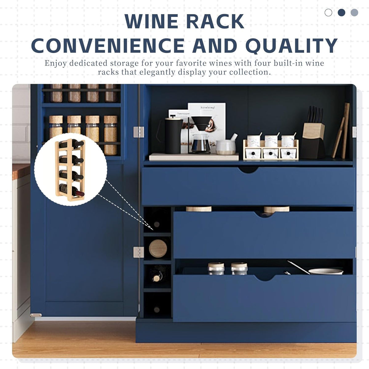 Modern Shaker Style Kitchen Pantry, 77'' Tall Freestanding Cupboard with Adjustable Shelves, Door Shelves, 3 Drawers and Wine Racks, Versatile Pantry Cabinet with Storage for Dining Room, Blue