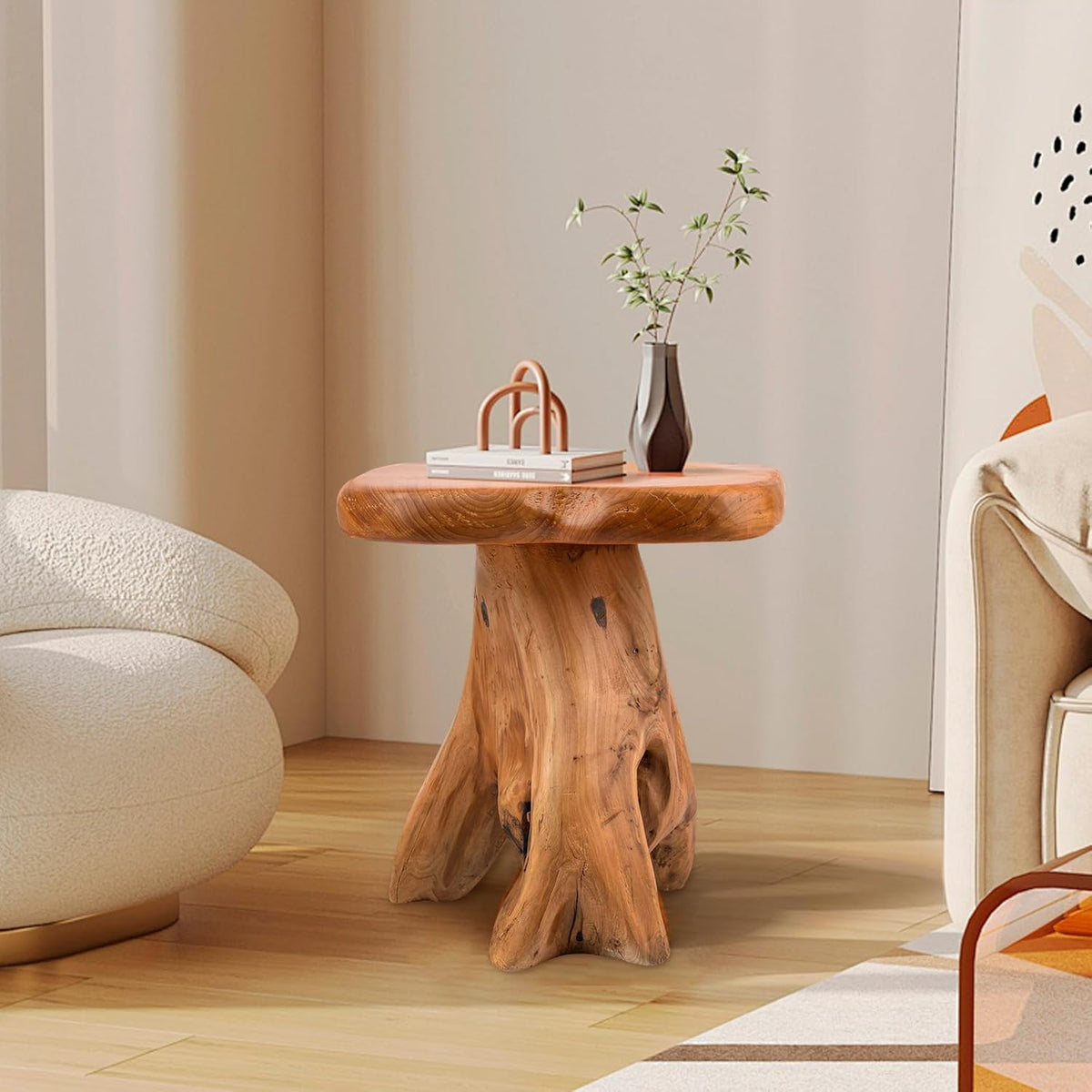 Small Side Table, Freeform Live Edge Wood Stool, Unique Design Natural Plant Stand for Patio, Garden, Yard, Living Room, Bedroom