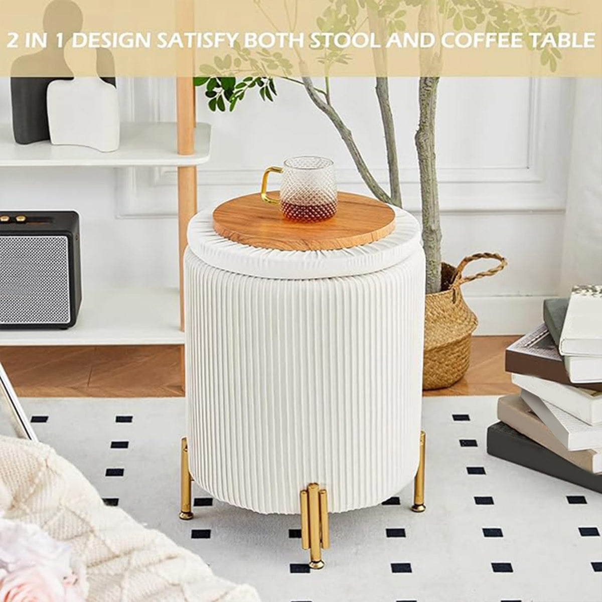 Round Ottoman Foot Stool with Storage and Metal Legs for Living Room Bedroom, Velvet Upholstered Footrest Stool Support 300lbs Modern Padded Seat Ottoman Coffee Table (Cream)