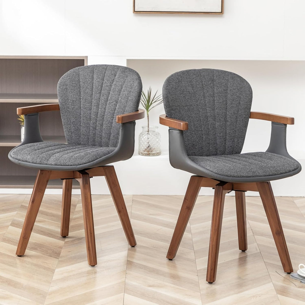 LUNLING Swivel Dining Chairs Set of 2, Mid Century Modern Gray Fabric+Faux Leather Kitchen Chairs with Arms,Bamboo Legs Side Chairs No Wheels,Accent Chair for Dining Rooms and Offices(Gray Fabric)