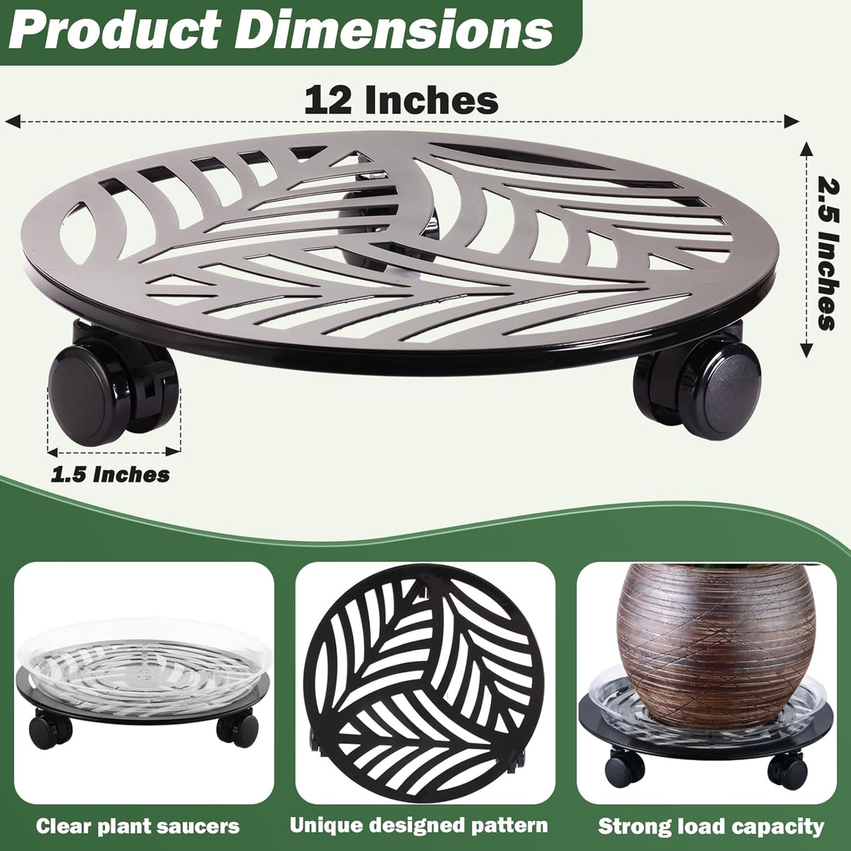 4 Packs Large Metal Plant Caddy with 3 PU Wheels 12" Heavy-duty Wrought Iron Rolling Plant Stands Indoor Outdoor Wheeled Plant Dolly Planter Mover Rollers Plant Trolley Cart, Plant Saucers Included