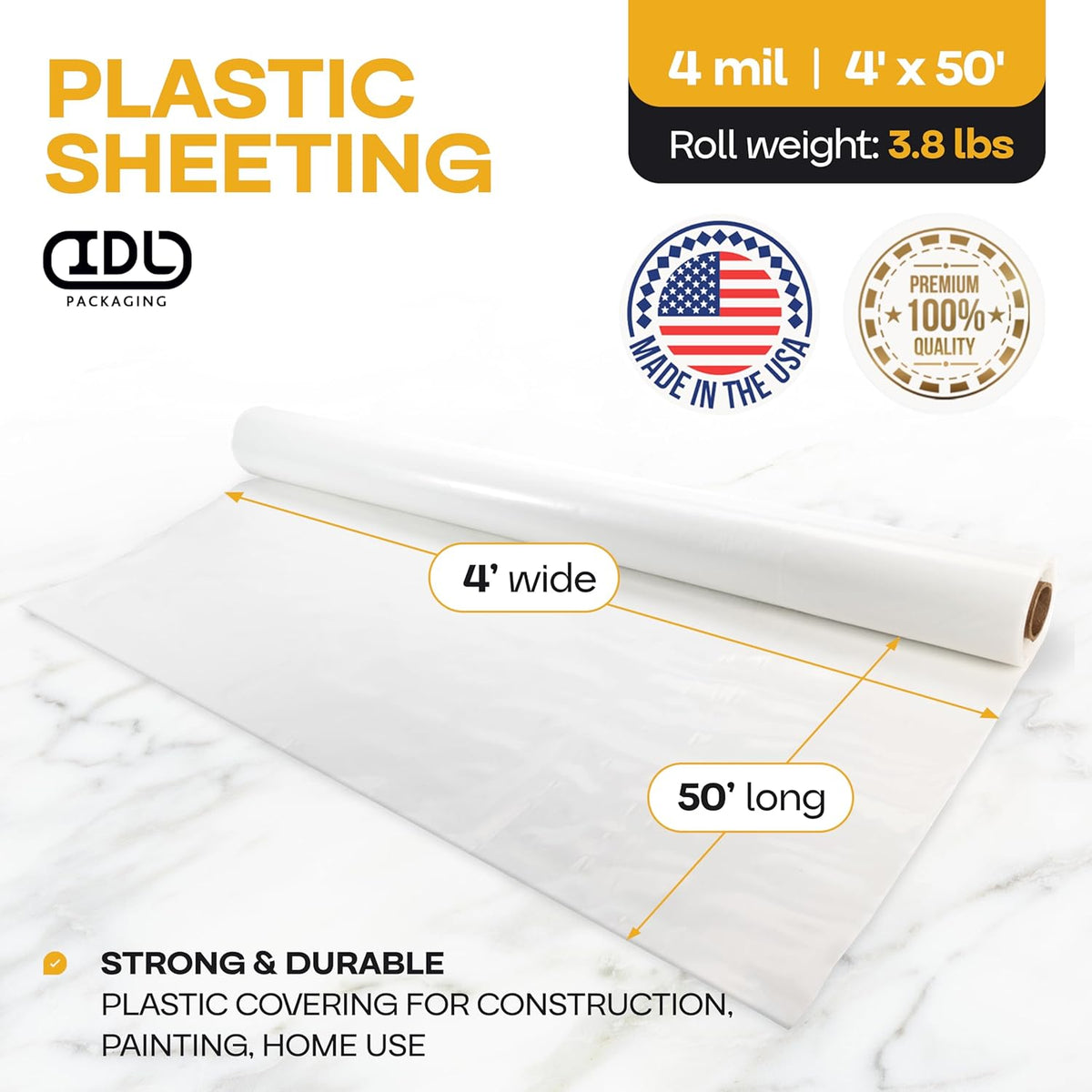 Plastic Sheeting 4 mil, 4' x 50' (200 sq.ft.) - Thick Semi-Clear Plastic Sheeting for Painting, Constructionm, Drop Cloth - Heavy Duty Plastic Sheeting - LDPE Film Roll by IDL Packaging