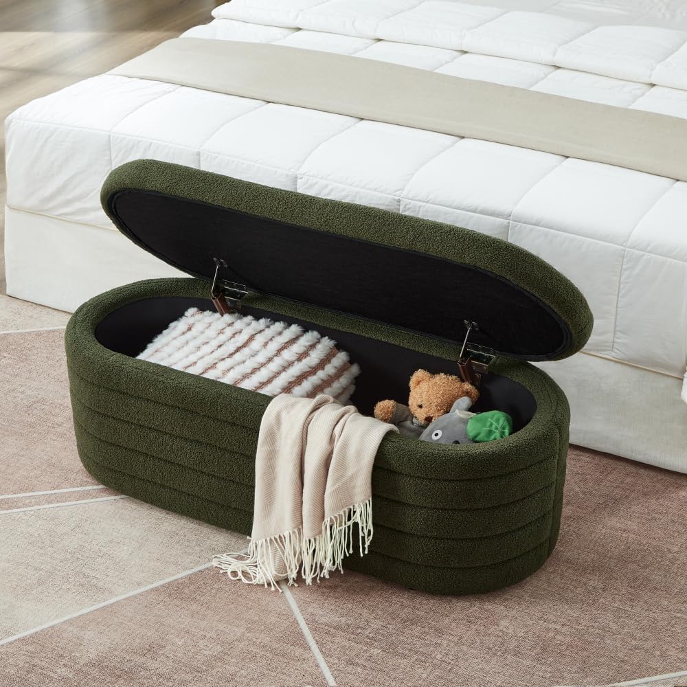 Modern Oval Storage Ottoman Bench, Upholstered Boucle Teddy Fabric End of Bed Bench with Storage, End of Bed Stool with Safety Hinge for Bedroom, Living Room, Entryway, Dark Green