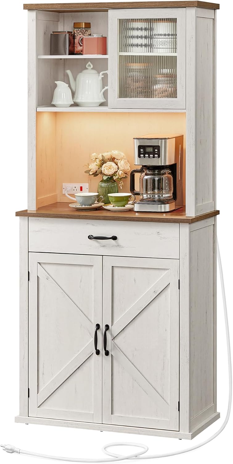 VASAGLE LIRY Collection - 71-Inch Tall Kitchen Pantry Cabinet with Lights and Charging Station, Coffee Bar Cabinet with Doors and Drawer, Farmhouse Style, Adjustable Shelves, Rustic White UBBK363W12