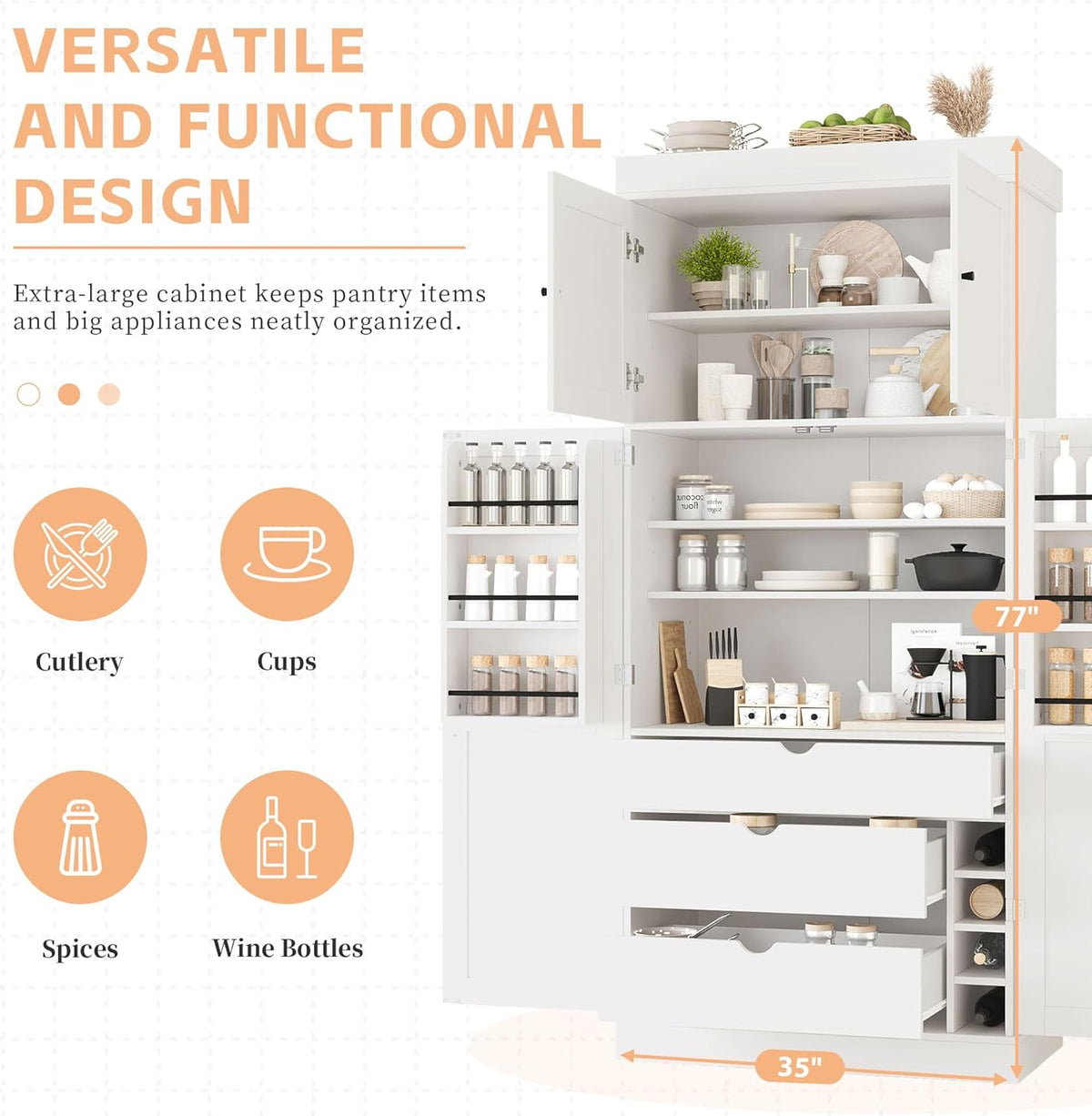 Polibi 77" Tall Freestanding Kitchen Pantry Cabinet, 35" L x 17.7" W Modern Shaker Style Storage Cupboard with Adjustable Shelves, Wine Racks, Drawers, Door Shelves, White