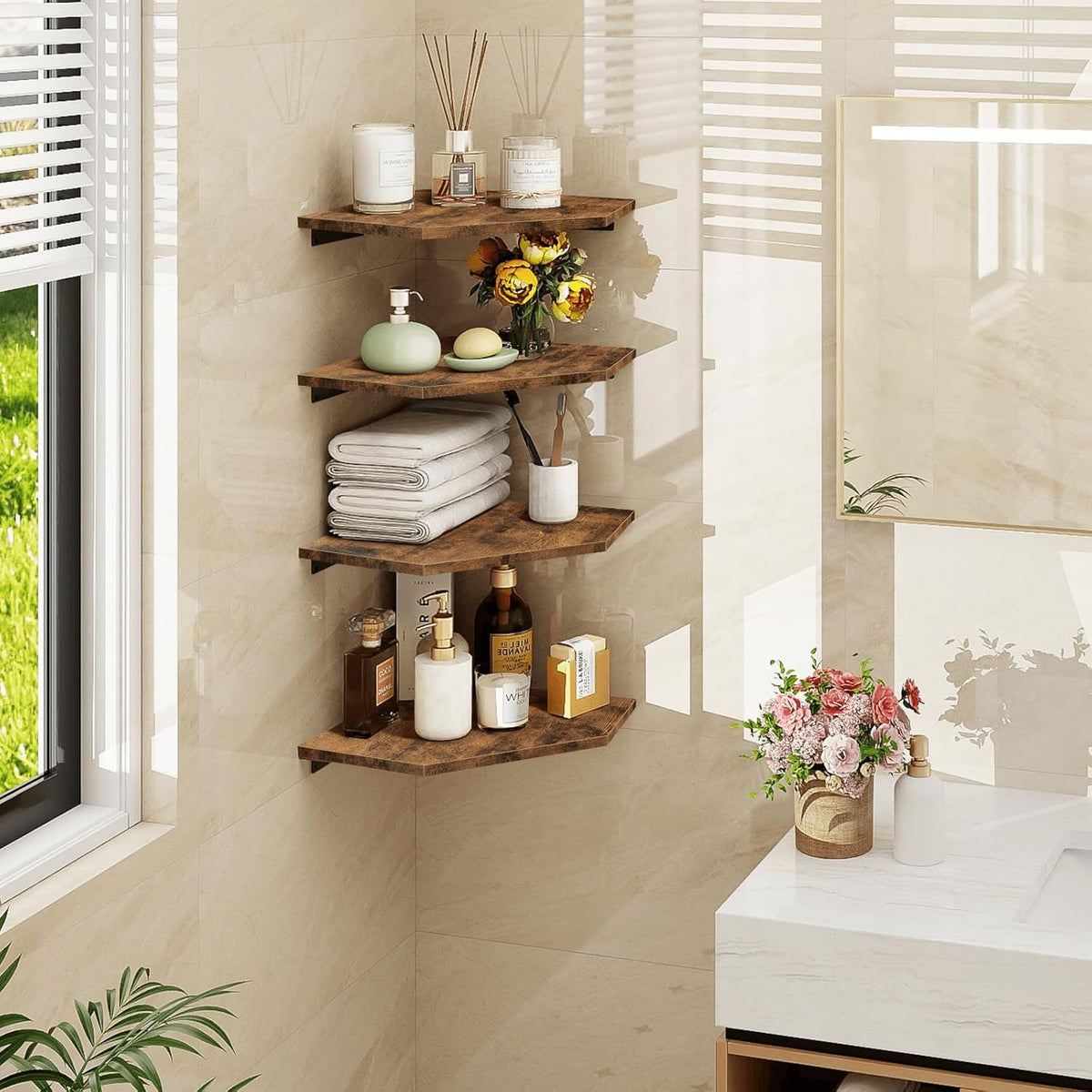 Homode Corner Shelf Wall Mount, Set of 4 Floating Corner Shelves with Cord Hole for Cable Box, Wood Corner Hanging Shelves for Bathroom Bedroom Kitchen, Rustic Brown