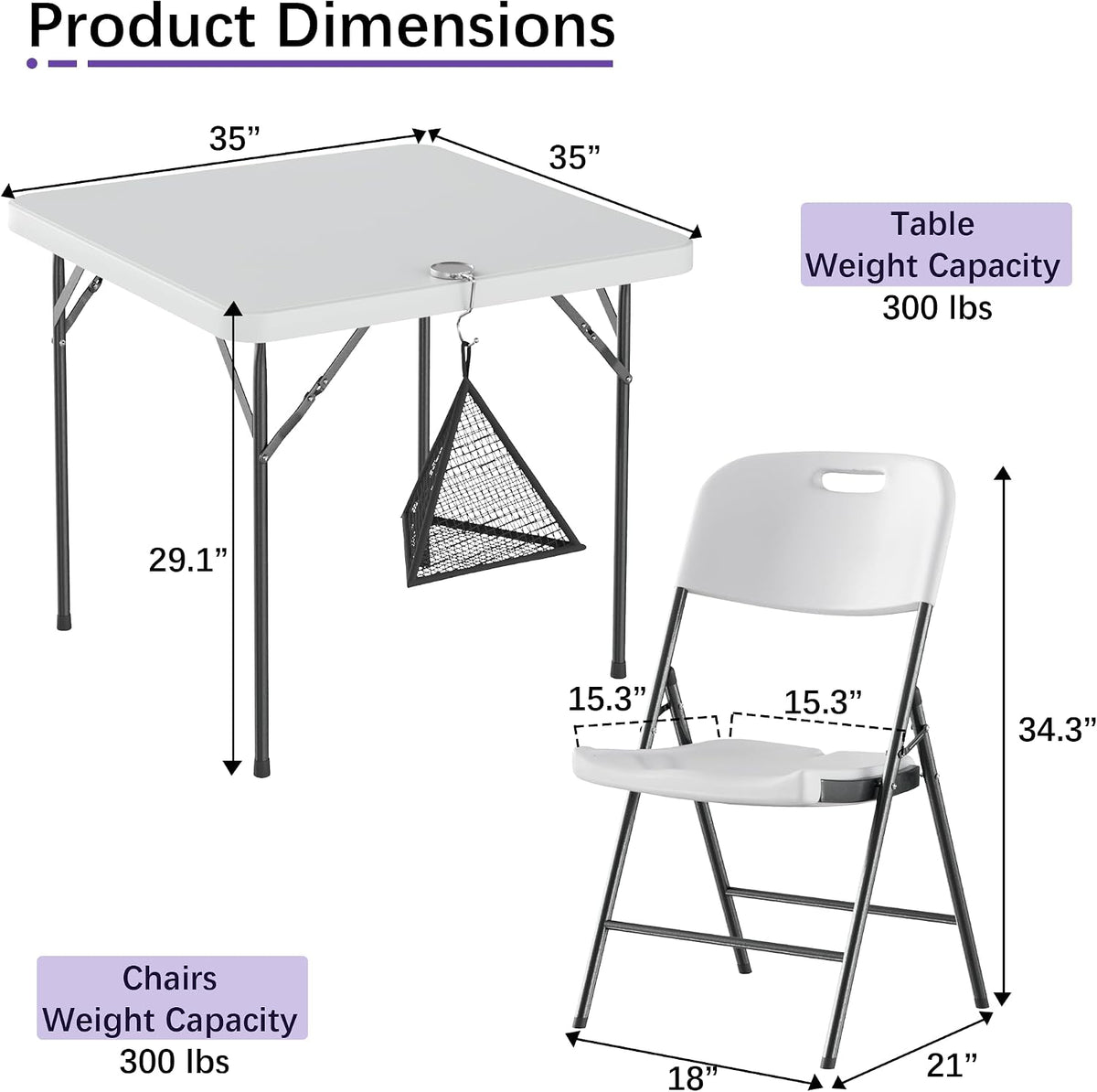 VECELO Folding Card Table Square and Chairs Set, Collapsible Legs & Portable for Indoor/Outdoor, Picnic, 5 Piece, White