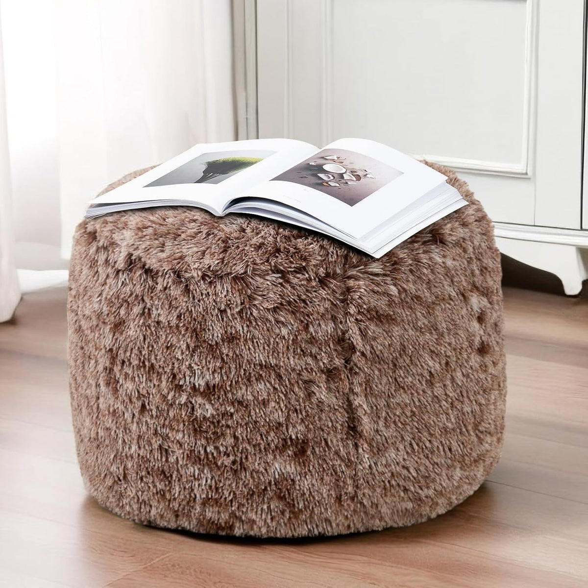 HIGOGOGO Round Stuffed Pouf Ottoman, Long Faux Fur Poufs with Foam Chunk Filling, Fluffy and Furry Pouf Foot Stool Storage Ottoman, 20 X 15 Floor Poufs Foot Rest for Living Room, Snow Coffee