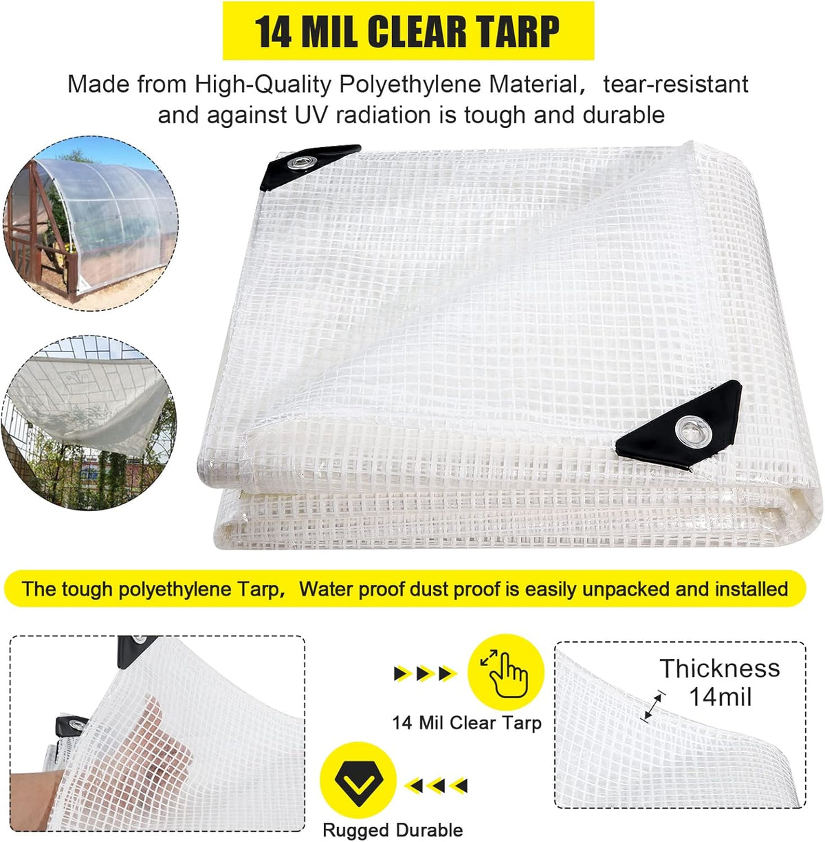 Clear Greenhouse Heavy Duty tarp 14 Mil Clear Waterproof Cover,UV Resistant Poly Tarp with Grommets 30x40ft Superior Strength,for Gardening, Farming, Nursery, Garden