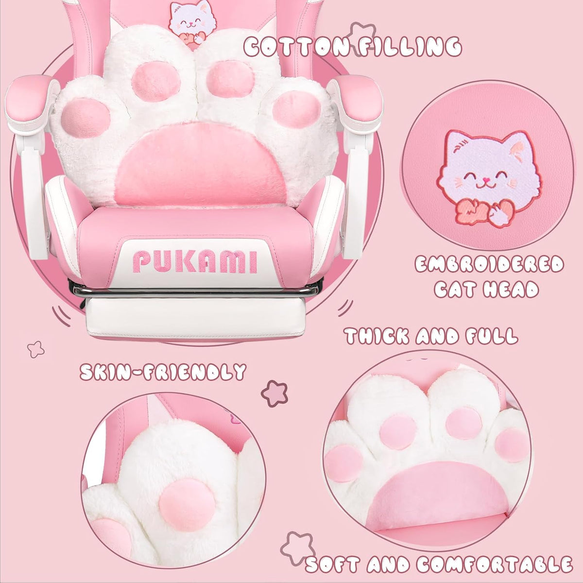 PUKAMI Pink Gaming Chair Cute with Cat Ears and Cat Paw Lumbar Cushion, Ergonomic Computer Chair for Girl with Footrest and Headrest, Comfortable Reclining PC Game Chair for Adult, Teen (Pink)