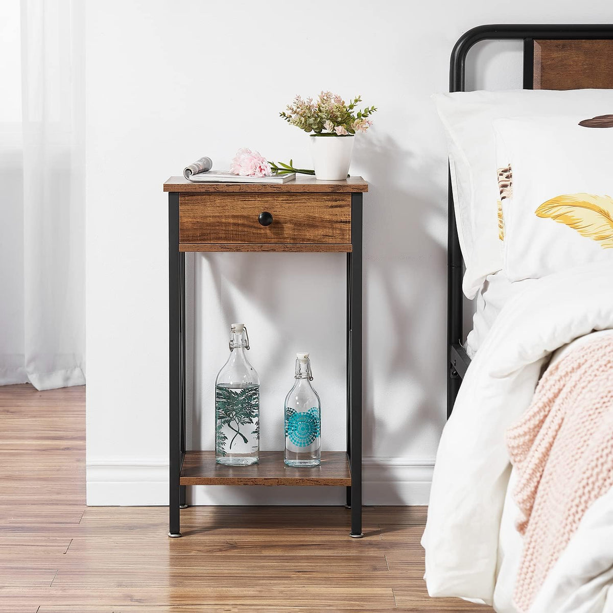 VECELO Tall Nightstand,27.6 inch Wooden End Table with Metal X-Frame,Side Table with Drawer and Storage Shelf for Living Room Bedroom Entryway Small Spaces