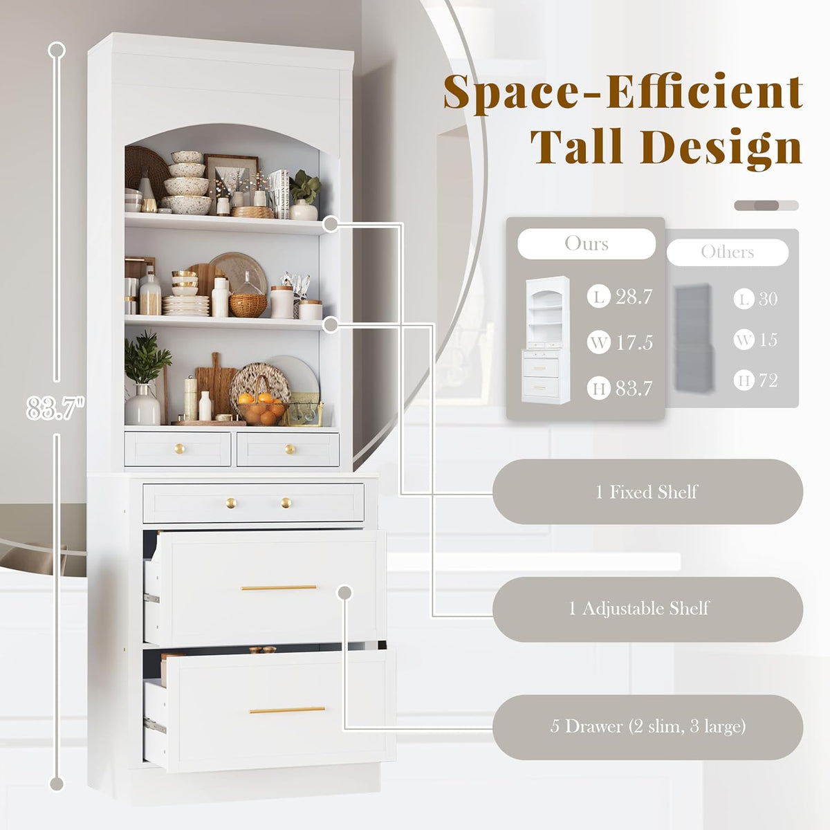 84'' Tall Kitchen Pantry, Storage Cabinet with 5 Storage Drawers and Adjustable Shelf, Anti-Tip Safety, Faux Marble Top Display Cupboard for Kitchen, Dining Room, Living Room, White