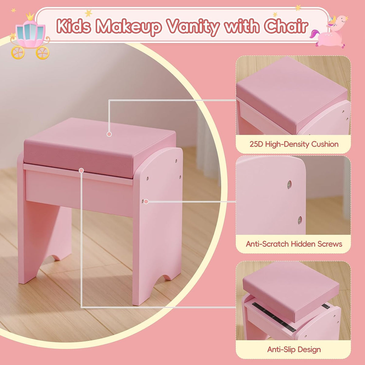 MU Kids Vanity Table and Chair Set – Princess Girls Vanity Set with Mirror, Lights, Jewelry Storage, and Cushioned Stool, Toddler Makeup Vanity for Little Girls (Pink)