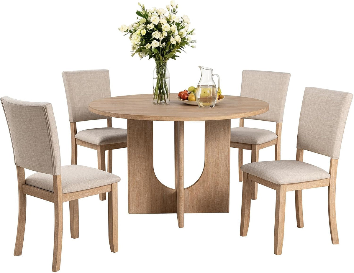 leovanni Round Dining Table Set for 4, Kitchen Table with 4 Upholstered Chairs, 5-Piece Wood Dining Table and Chairs Set for Kitchen, Patent Pending