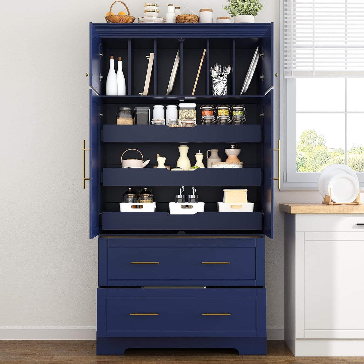 Farmhouse Freestanding Kitchen Pantry,4 Doors Dining Storage Cabinet with Pull-Out Trays, Drawers and Cake Pan Storage Organizer,for Dining Room (Blue-Q)