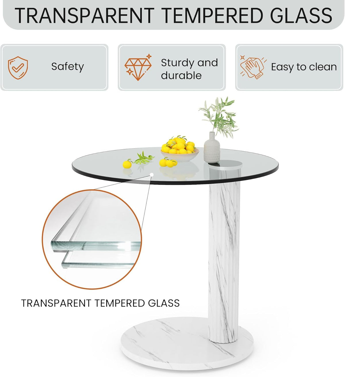 Hooseng Glass Round Coffee Table End Table, 22-Inch Modern Tempered Transparent Glass Top,Perfect for Living Room,Cafe,Home,and Office(White)