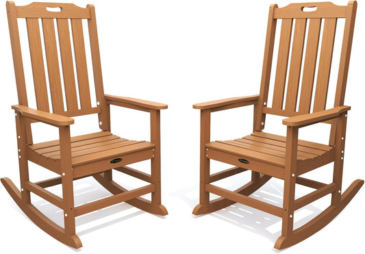 THOEOE Outdoor Rocking Chairs Set of 2, Oversized Patio Rocking Chair | HDPE Outdoor Rockers for Front Porch, Patio, Backyard, Balcony and Garden. All-Weather High Back Design, Wood
