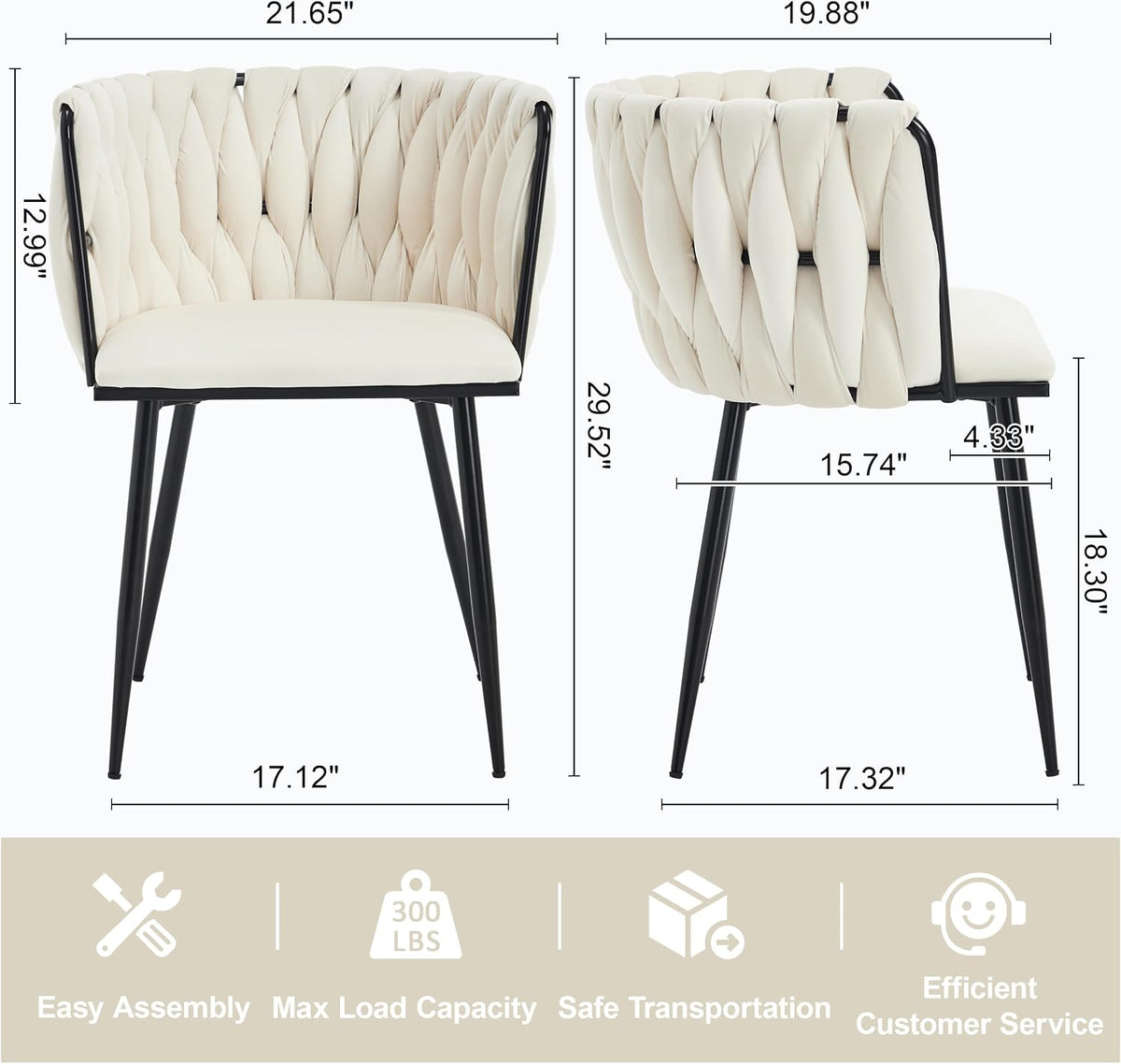 Velvet Dining Chairs Set of 4 with Black Metal Legs,White | Modern Accent Chairs with Upholstered, Woven Backrest, for Living Room, Dining Room, Kitchen,Easy and Quick Assembly