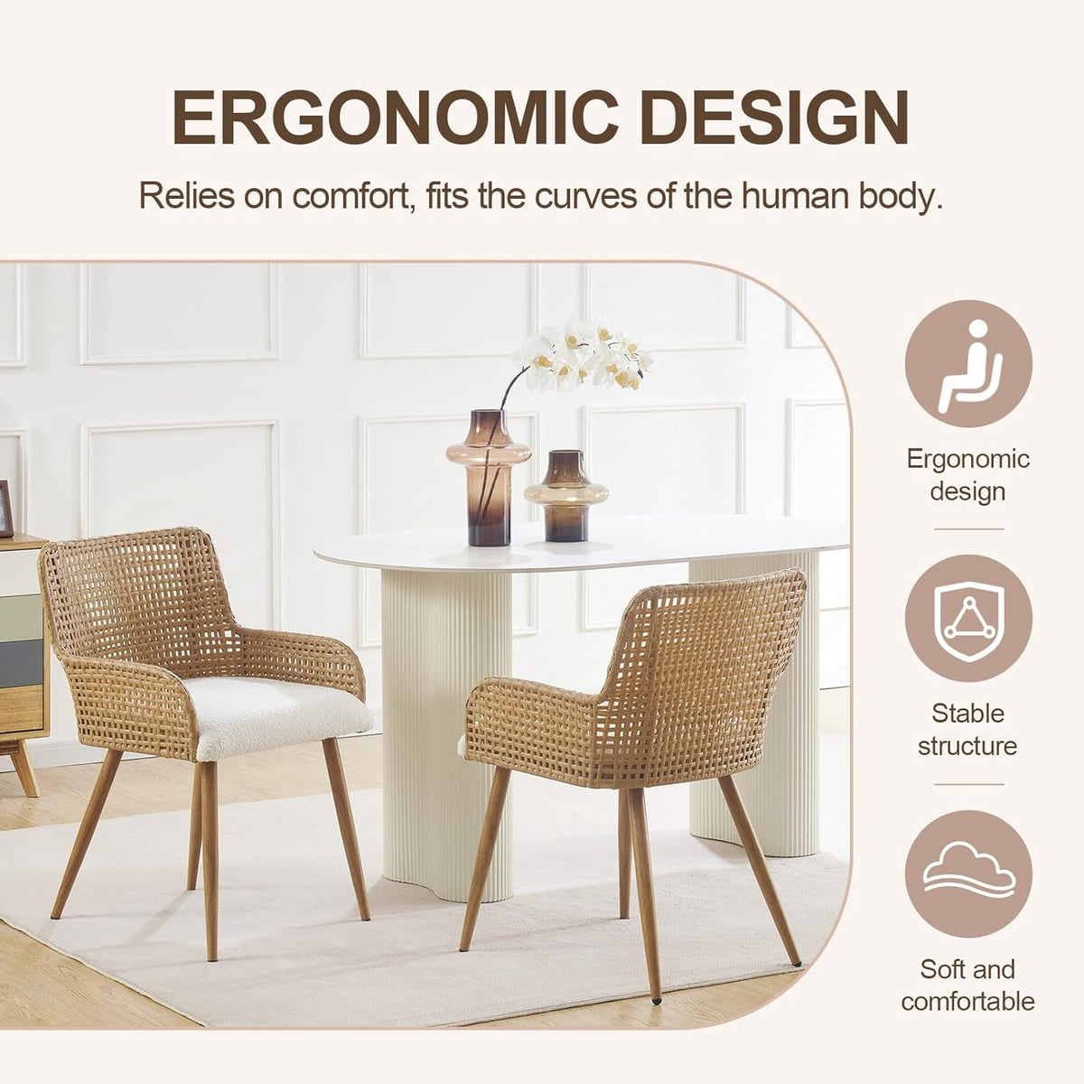 Rattan Dining Chairs Set of 2, Modern Upholstered Boucle Fabric Dining Chairs,Kitchen Room Chairs with Solid Metal Legs and Rattan Back,Brown