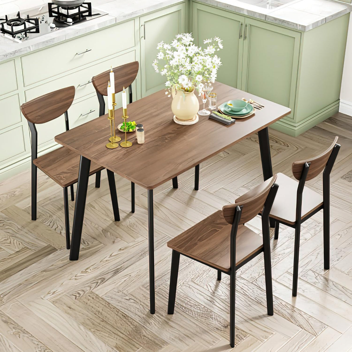 furlinkhm Kitchen Dining Table Set for 4, Modern Rectangular 5 Piece Dining Room Table and Chairs Set, Brown Wooden Metal Table Set for Family Dinner, Party, Afternoon Tea and Work (Curved Moon)