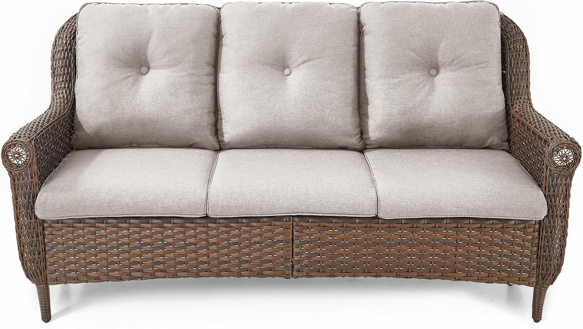 Patio Couch Outdoor Wicker Sofa - Heavy Duty All-Weather Brown Rattan 3-Seater with High Back and Comfortable Thick Cushions for Garden Back Porch Poolside Apartment - Beige