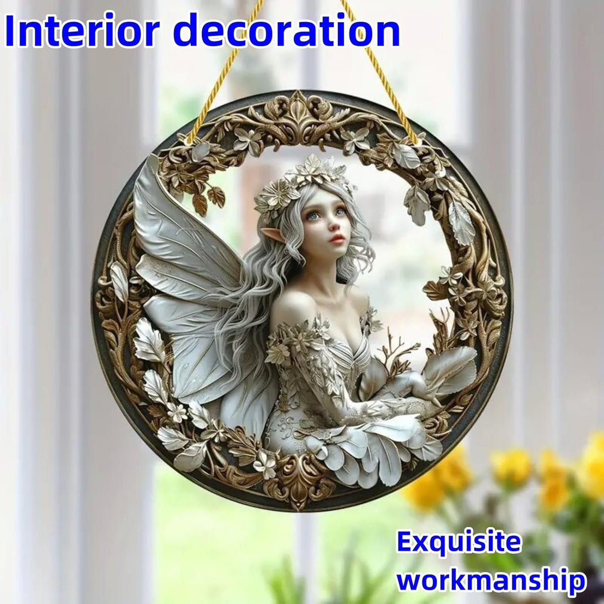 Flower Fairy Garden Decorations Angel Wing Christmas Halloween Deco Statue Art Elf Sculpture Hanging Craft for Outdoor Yard Courtyard Lawn Patio Window Acrylic Ornament Home Gift (D,S: 6*6 IN)